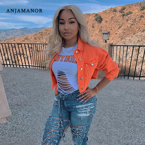 

ANJAMANOR Jean Crop Bomber Jacket Neon Candy Solid Color Denim Coats and Jackets Women Wind Breaker Long Sleeve Outerwear D52AE21