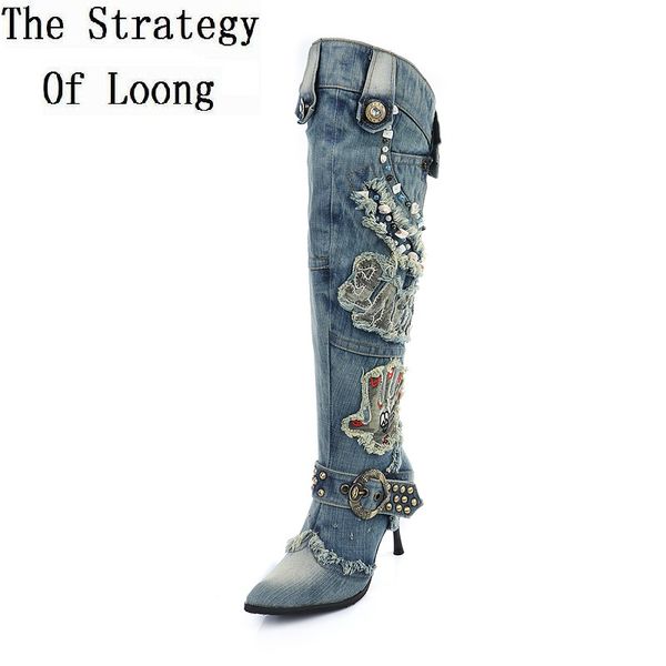 

boots women denim thin high heels over the knee rhinestone beading autumn winter warm jean knight gladiator combat sxq0602, Black