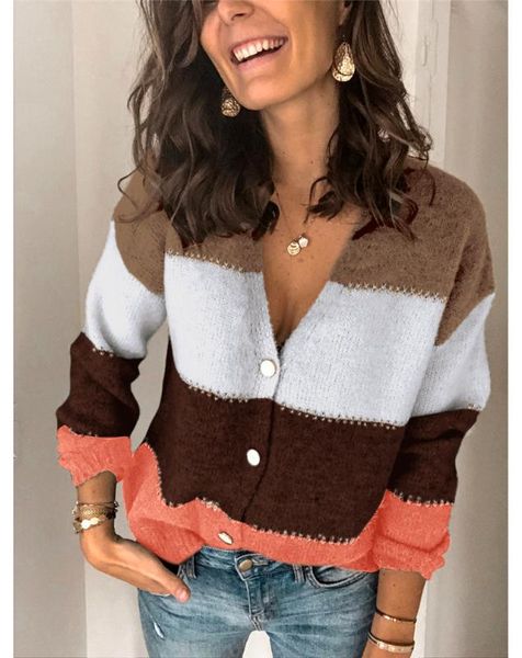 

women's knits & tees autumn sweater women striped button cardigan casual knitted long sleeve v neck loose sweaters female, White