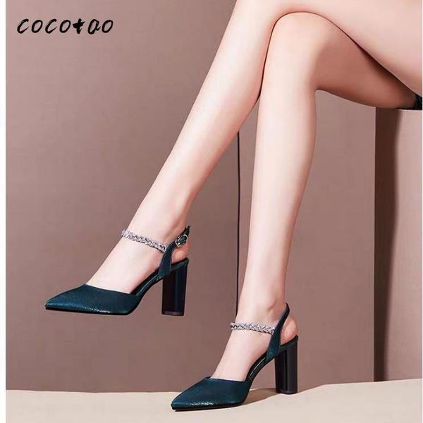 

baotou sandals female 2020 spring and summer new wild word buckle high heels pointed thick heel rhinestone women, Black
