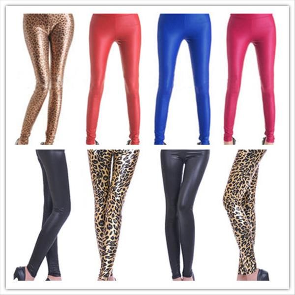 

women leather leggings high waist stretch slim blue black red rose leopard legging fashion pu leather pants for women hot