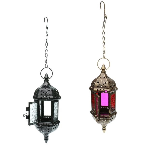 

2pcs moroccan vintage metal hollow wedding hanging tea light candle holders hurricane lamp candle lanterns