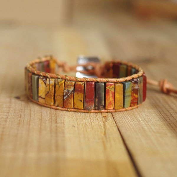 

natural stone boho leather wrap bracelet & bangle picasso onyx beads women men bohemia charm bracelet handmade jewelry gift, Golden;silver