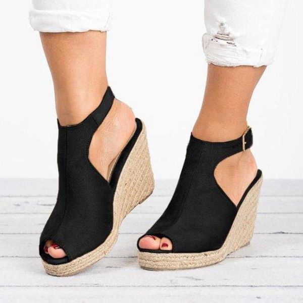 

espadrille casual open toe sandals women peep toe suede mid heels sandals ladies buckle strap wedge shoes female sandalias d25, Black