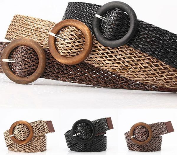 

fashion boho braided waist belt women summer dress belt round wooden smooth buckle straw wide belts for women woven, Black;brown