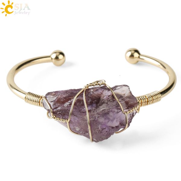 

csja natural stone bangle gold-color wire wrap irregular crystal quartz cuff copper bracelets for women girls kids jewelry g327, Silver