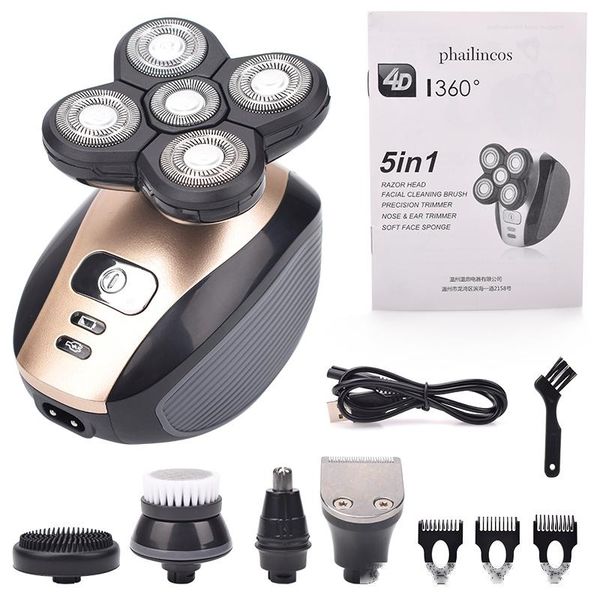 

5 in 1 4d men s rechargeable bald head electric shaver 5 floating heads beard nose ear hair trimmer razor clipper facial brush