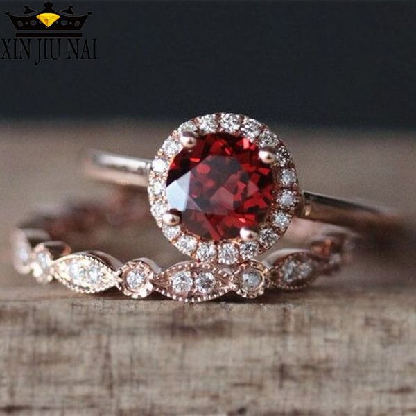 

супер ruby rose gold luxury set красный камень кольца для женщин свадебное кристаллическое кольцо bague femme anillos mujer серебро 925 ювел, Golden;silver