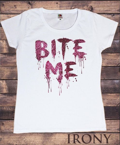 

womens t-shirt bite me halloween blood drip glitter effect digital print ts997