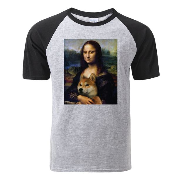 

funny da vinci mona lisa holding a dog print raglan t shirt men retro summer cotton short sleeve tshirts harajuku streetwear