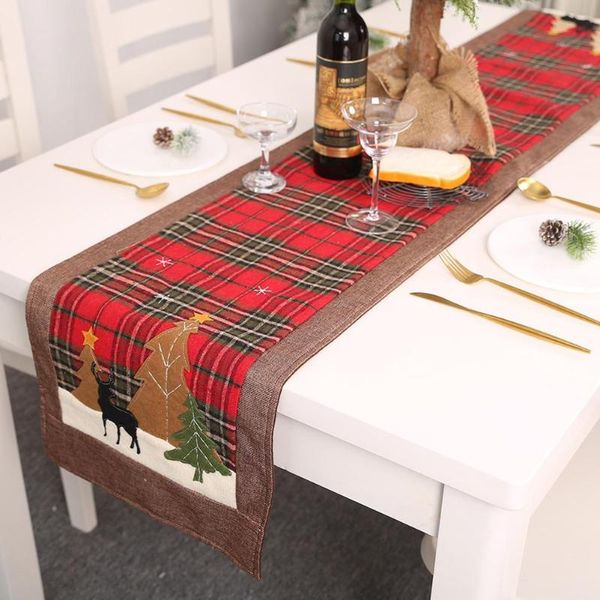 

180cm non-woven dining table mats christmas elk small tree pattern plaid tablecloth home party decorative ornaments christmas