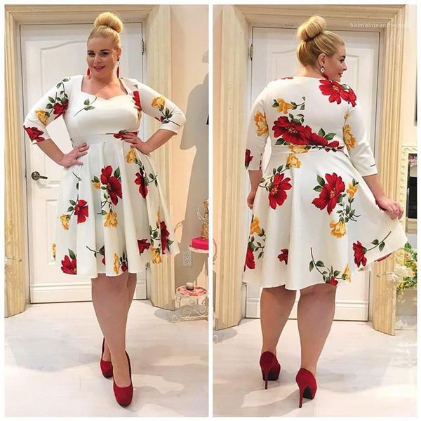 

elasticity womens autumn clothing fashion casual ladies holiday dress plus size women designer dresses flower pattern 3/4 sleeve, Black;gray