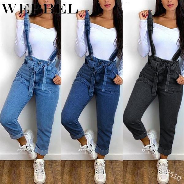 

wepbel denim strap pants women's fashion high waist solid color lace-up jeans autumn casual washed vintage denim pencil pants, Blue