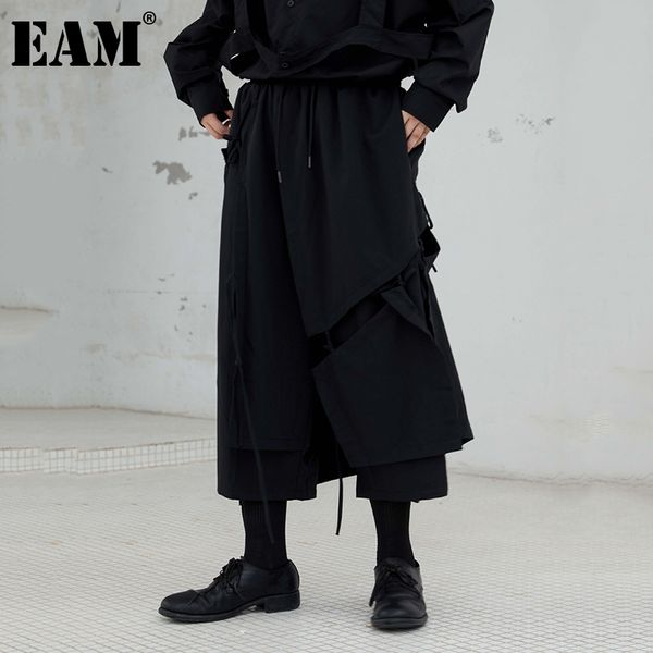 

eam] high elastic waist black brief long wide leg trousers new loose fit pants women fashion tide spring autumn 2020 1db043, Black;white