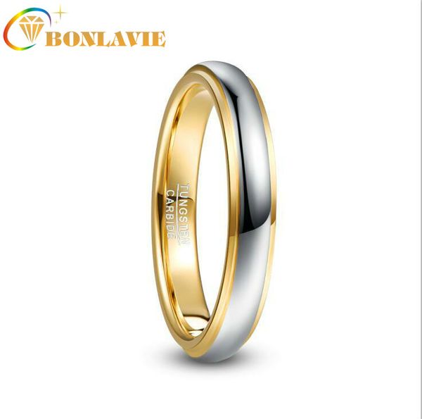 

wedding rings bonlavie 4mm width domed polished step gold color plating tungsten steel men's ring band carbide, Slivery;golden