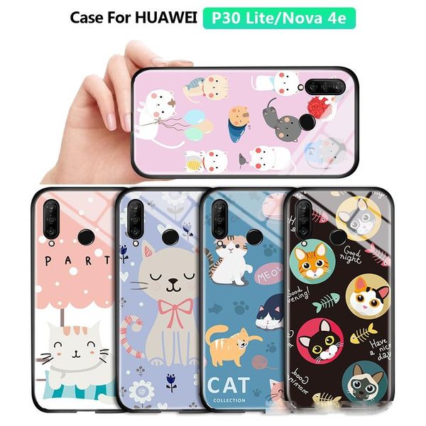 

for huawei p30 lite nova 4e luxury lovely girls cartoon cat pet glossy casing phone case shockproof tempered glass back cover