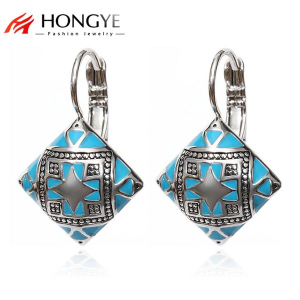 

hongye этнические boho ювелирных аксессуаров эмаль черный синий оранжевый площади серьги падение печати цветка уха моды 2020, Silver