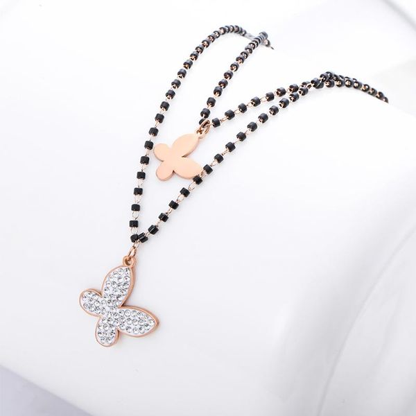 

2 layered statement butterfly necklaces pendants for woman chokers collar black beads chain stainless steel necklace jewelry, Silver