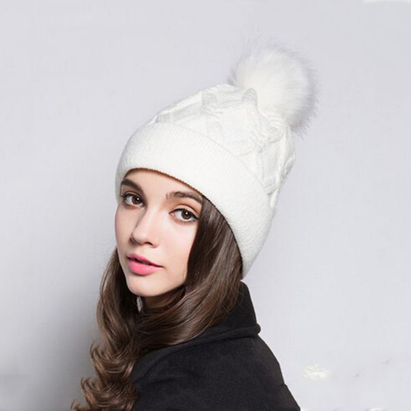 

fashion fur pom pom hat fleece lined women's winter warm knitted hat beanies caps black color, Blue;gray