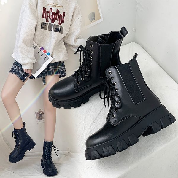 

women's rubber boots flat heel shoes round toe booties ladies lace up luxury designer rain rock autumn fashion lolita med ankle, Black
