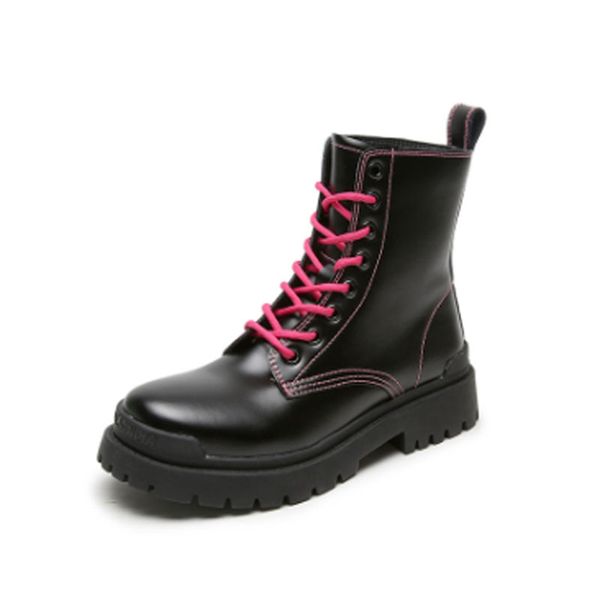 

women's boots leather casual british boots knight's medium tube color matching short women's motorcycle, Black