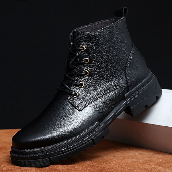 

boots men's casual genuine leather winter army anti-skid shoes solid color footwear, Black