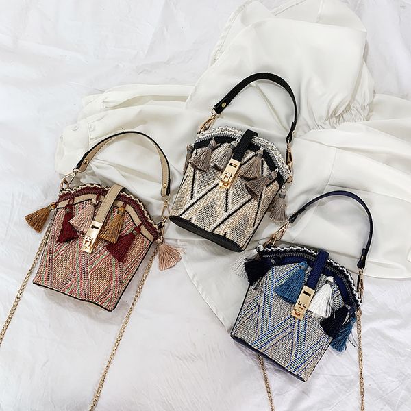 

fashion bucket shoulder bag straw beach bags ladies messenger bag handbag chain tassel small crossbody purses