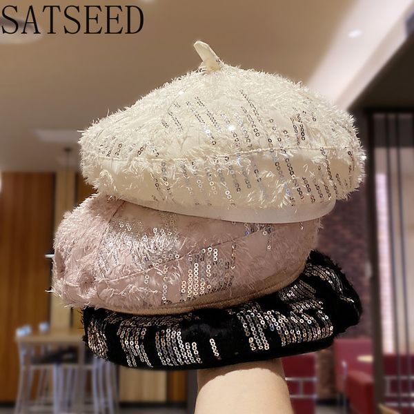 

2020 осень новый черный sequined берет hat женщины повседневная мода тыква hat painter зима для женщин, Blue;gray