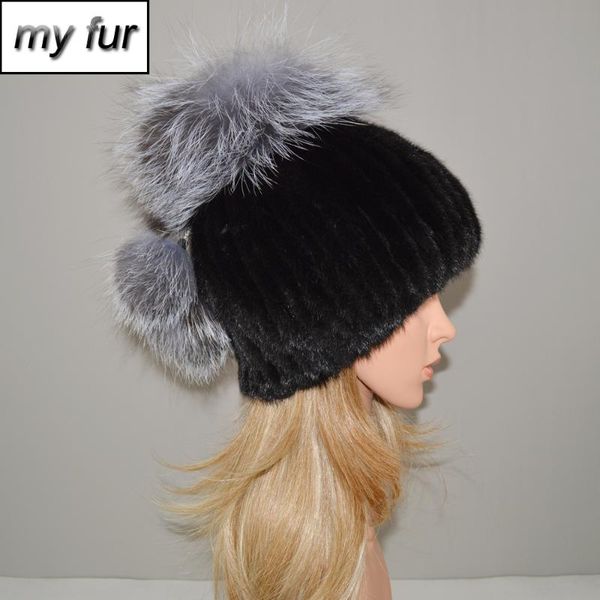 

2020 new natural real hat women winter warm knit 100% real fur cap russian lady casual beanies hats, Blue;gray