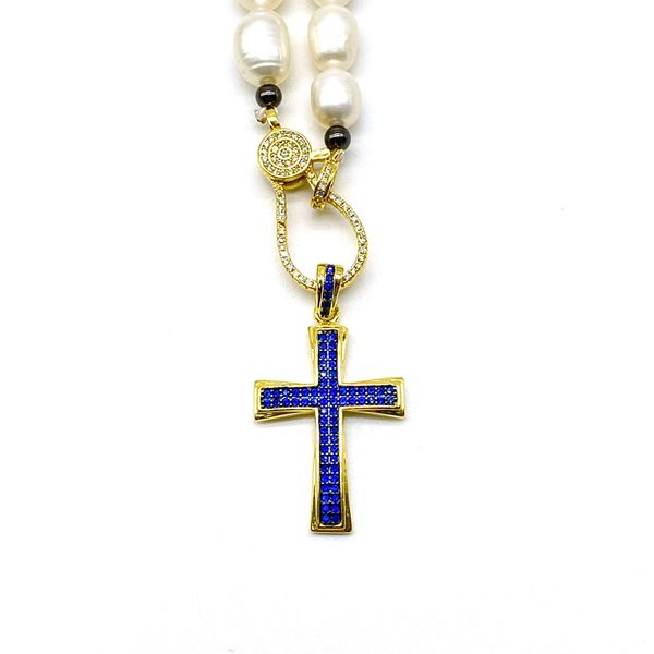 

women jewelry boho cz paved cross freshwater pearls necklace, Golden;silver