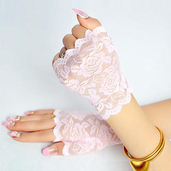 

five fingers gloves floral lace fingerless women sheer black rose scalloped trim summer outdoor sun-blocking mittens 2021 arrival, Blue;gray