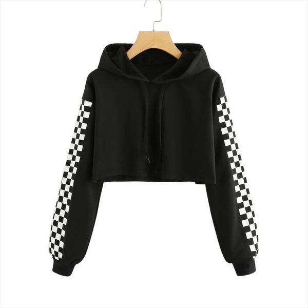 

women crop fashion autumn plaid long sleeve pullover hooded sweatshirts ladies hoodies kpop moletom feminino, Black
