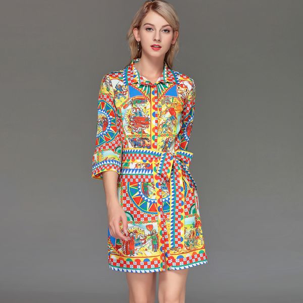 

new arrival women's turn down collar 3/4 sleeves vintage printed sash belt elegant casual runway dresses, Black