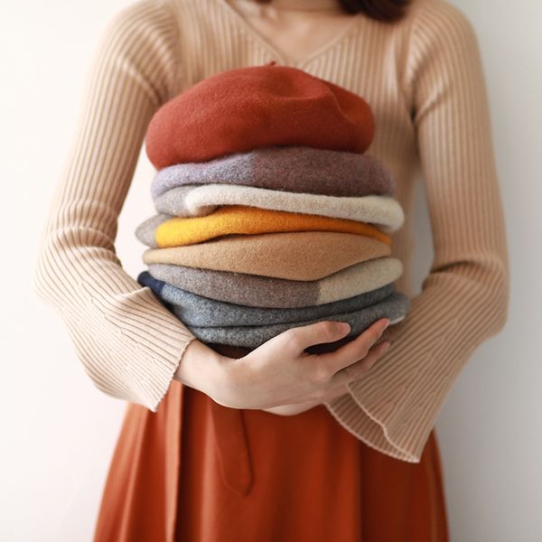 

berets 2021 women's hats all-match winter hat ladies solid color wool beret british retro pumpkin painter fall for women, Blue;gray