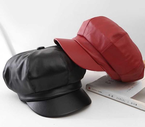 

fall winter new fashion women solid color pu leather caps octagonal cap casual vintage hats newsboy cap for women casquette, Blue;gray