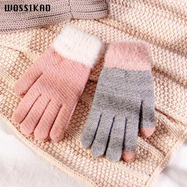 

touch screen glove woman winter keep warm thickening knitting gloves lovely wool imitate plush mink the five fingers hiver femme, Blue;gray