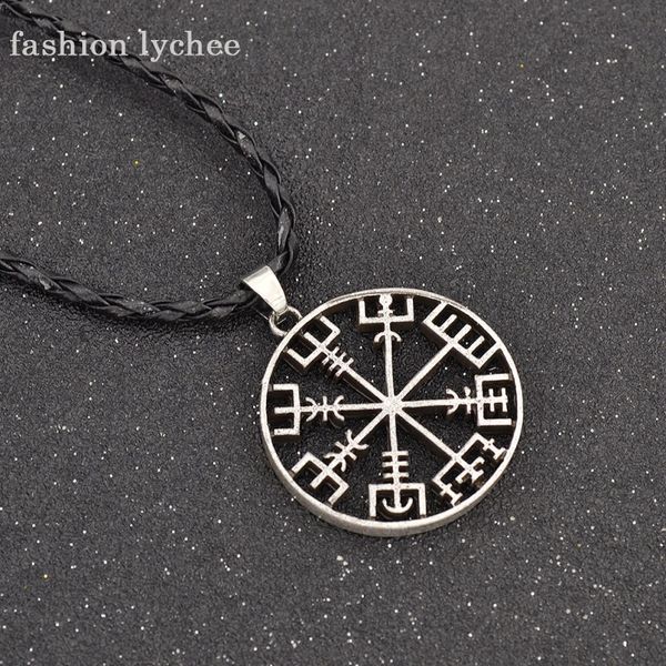 

fashion lychee viking runes vegvisir hollowed compass pendant necklace odin's symbol of norse runic rope chain men jewelry, Silver
