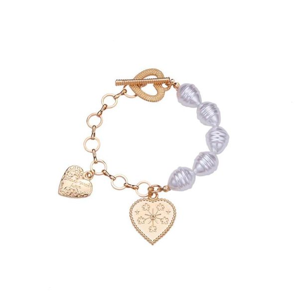 

charm bracelets fashionable heart pendant copper circle splice imitation pearl bracelet easy buckle bangle jewelry boho armband, Golden;silver
