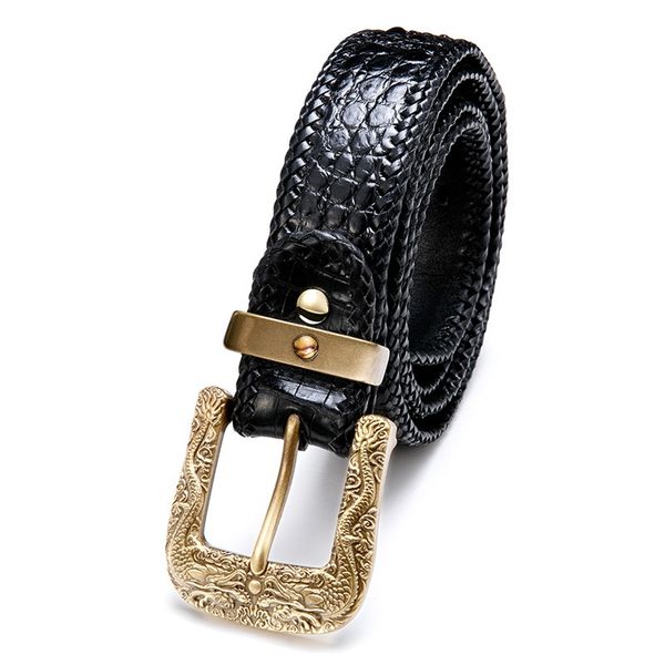 

authentic crocodile skin men waist strap man belts bronze needle buckle genuine alligator leather woven border male belts, Black;brown