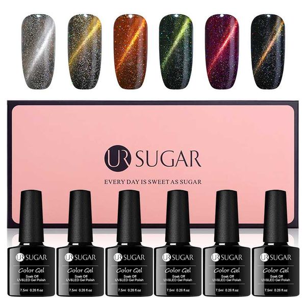 

ur sugar 6pcs/set glitter gel nail polish thermal color changing magnetic cat eye uv gel soak off uv varnish kit, Red;pink
