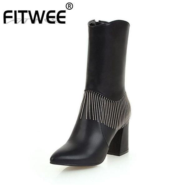 

boots fitwee women mid calf winter keep warm fur high heel pointed toe fringes zipper office shoes size 32-43, Black