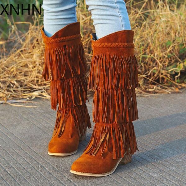 

2020 new classic autumn retro fringe boots high chunky heels boots women mid-calf western shoes woman botas mujer, Black