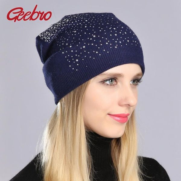 

geebro brand new women's beanie hat casual knitted beanie for women shine rhinestones beanies balaclava bonnet cap female dq056, Blue;gray