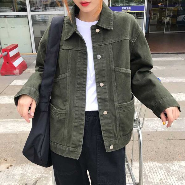 

korean armygreen denim jackets jean jacket ladies denim coat black autumn winter women turn-down collar casual single breasted, Black;brown