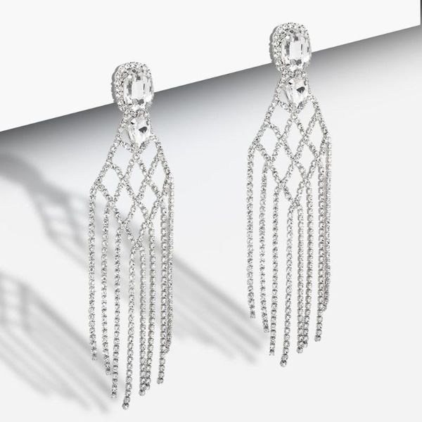 

full crystal hanging tassel earrings for women luxury jewelry rhinestone beads dangle drop earrings statement gifts, Silver
