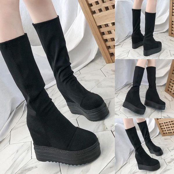 

2020 fashion winter shoes women's casual thick-soled wedge boot increase high mid-tube boots ladies flats european ladies shoe, Black