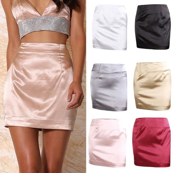 

women ladies summer solid colors high waist skirt zipper slim satin skin-friendly fabric party club bodycon mini skirt#p3, Black