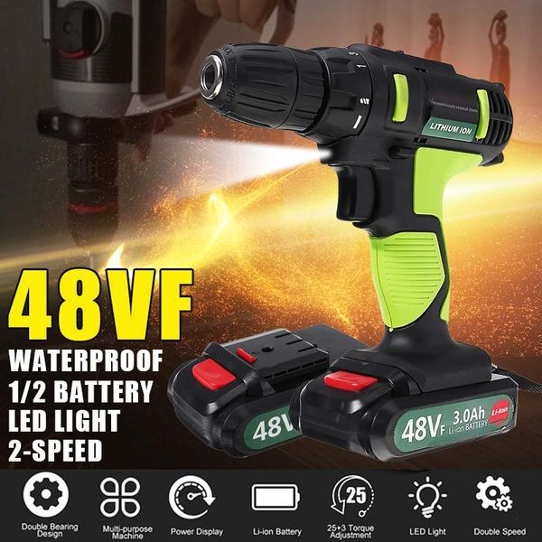 

cordless electric impact drill screwdriver 25+1 torque 48v rechargeable dual speed power tool with 2 lithium-ion battery eu plug