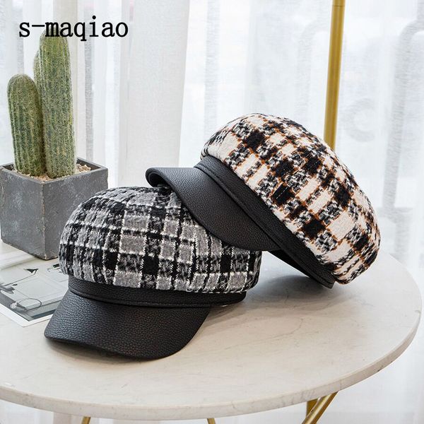 

berets plaid octagonal cap fashion leather stitching women autumn and winter lattice painters hat female england retro beret bonnet, Blue;gray