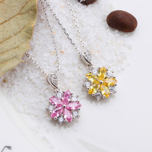 

bamos pink/yellow cherry blossoms pendant necklace for women romantic flower crystal pendants fashion jewelry birthday gifts, Silver